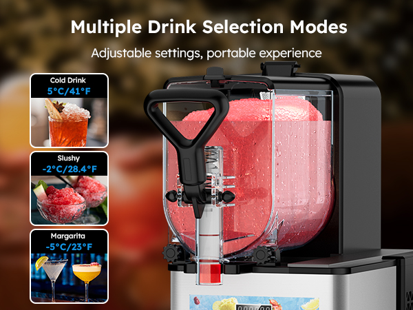 Mojgar Pro 3L Slush Machine with adjustable drink modes: cold drink (5°C/41°F), slushy (-2°C/28.4°F), and margarita (-5°C/23°F). Portable and versatile, ideal for home, bars, and parties. Easily customize settings for the perfect frozen beverage experienc